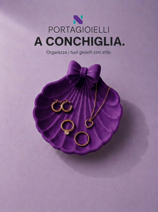 Portagioielli a forma di conchiglia viola con fiocco