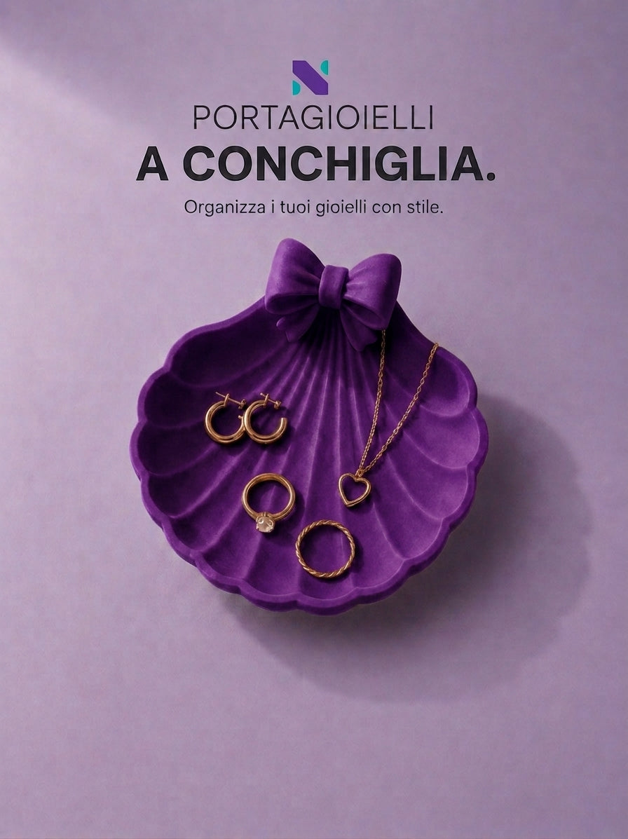 Portagioielli a forma di conchiglia viola con fiocco 